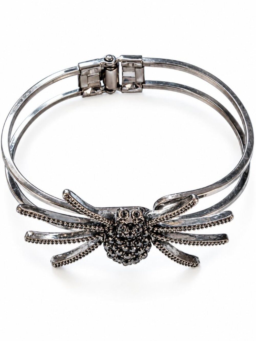 Gothic Spider Bracelet Silver Tone Hinged Double Band Statement Cuff